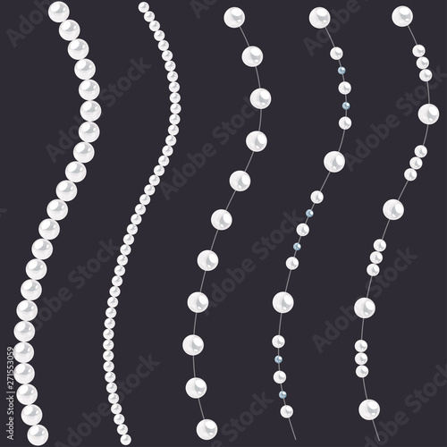 Set of pearl wavy strings isolated on gray background. Vector dividers for decoration, wedding invitation or greeting cards, banners.
