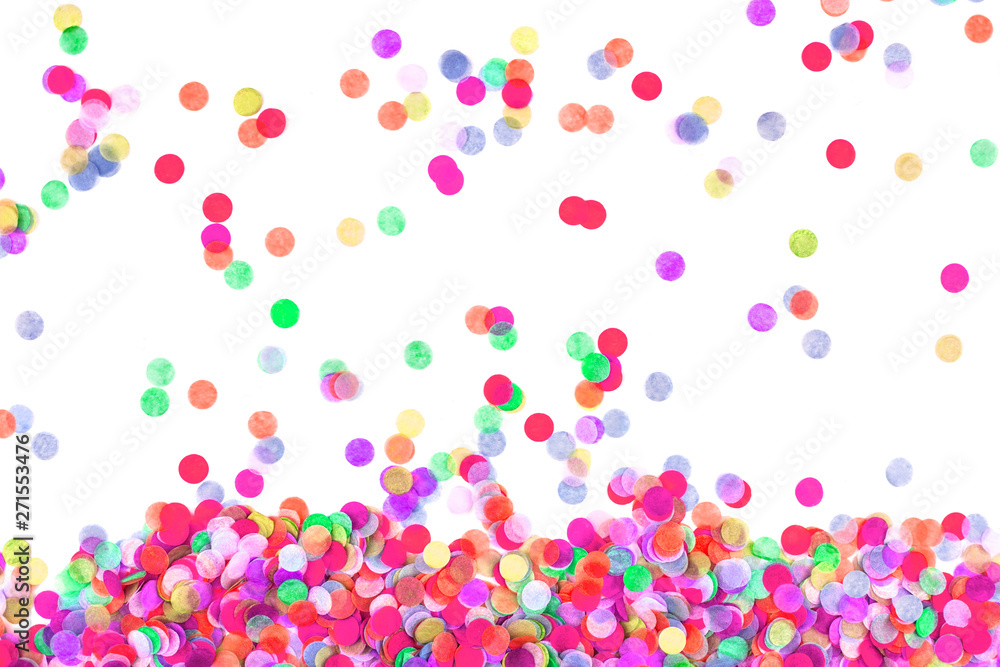 Bright multicolored confetti isolated on white background.