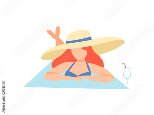 Girl in Swimsuit and Straw Hat Sunbathing on Beach, Beautiful Young Woman Enjoying Summer Vacation on Seashore Vector Illustration