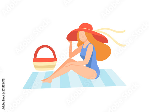 Girl in Blue Swimsuit and Red Hat Sunbathing on Beach Towel  Beautiful Young Woman Enjoying Summer Vacation on Seashore Vector Illustration