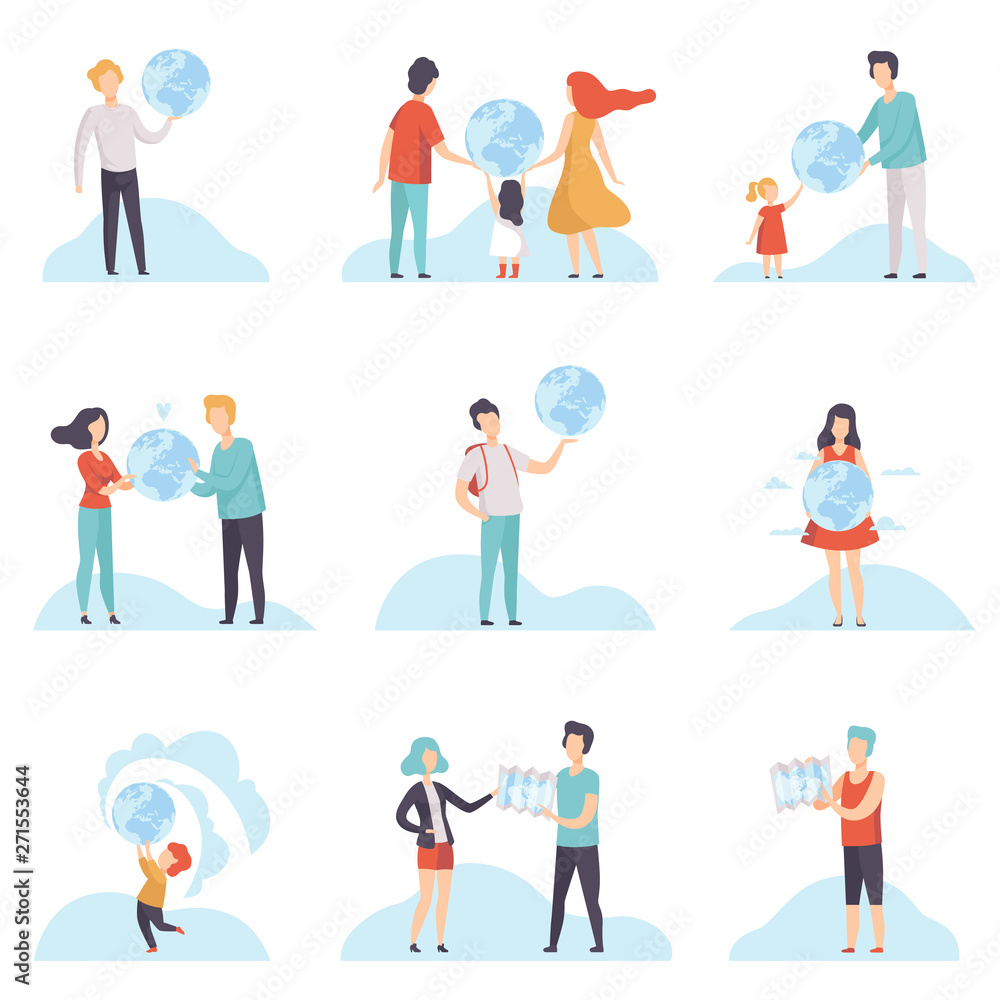 People with Globes and Maps Set, Men, Women and Kids Holding Terrestrial Globe and Map Vector Illustration People with Globes and Maps Set, Men, Women and Kids Holding Terrestrial Globe and Map Vector Illustration