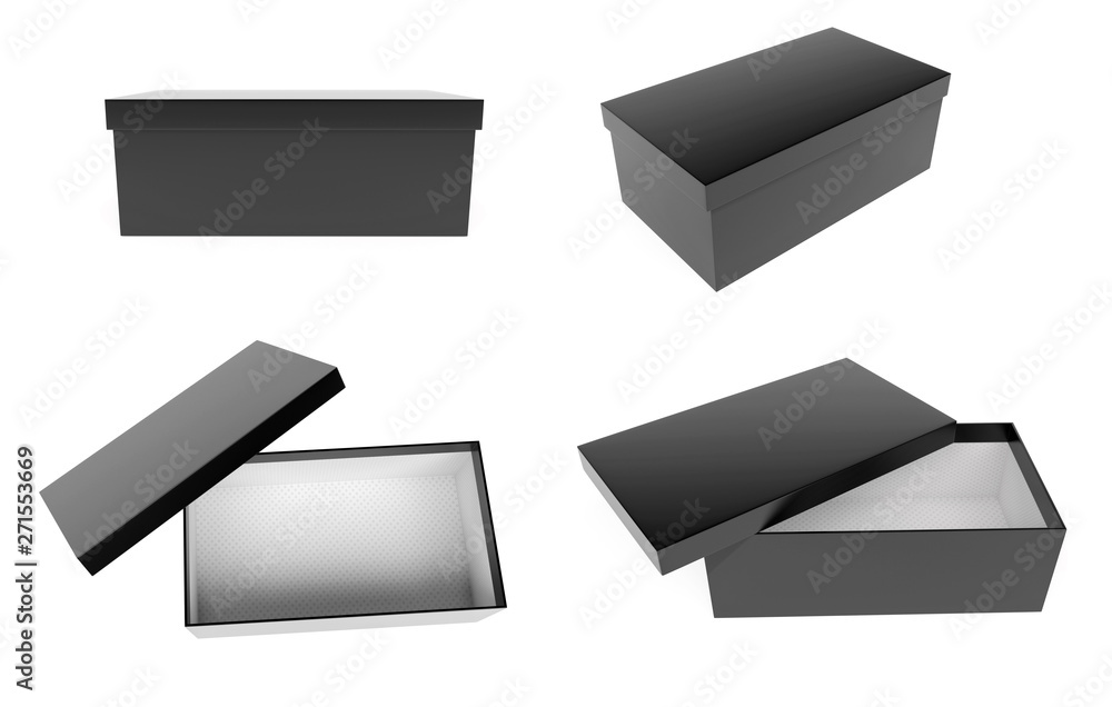 Black closed and open shoe box. 3d rendering illustration isolated Black closed and open shoe box. 3d rendering illustration isolated
