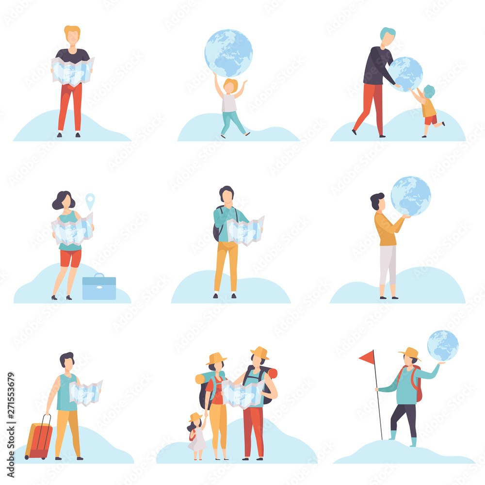 People with Globes and Maps Set, Men, Women and Kids Holding Earth Globe and Map Vector Illustration