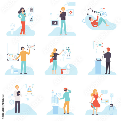 People Using Hi Tech Technologies Set, Smartphones, Gadgets with Biometric Scanning Identification, VR Goggles Headsets Vector Illustration