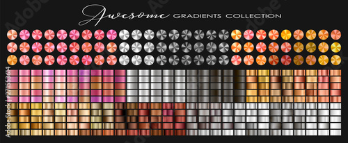 Trendy Gold, Silver, Copper, Rose gold, Ultra Violet collection, circular gradient set with silver, golden, copper, violet, purple, pink, red, white, grey... colors for design. Vector illustration. 