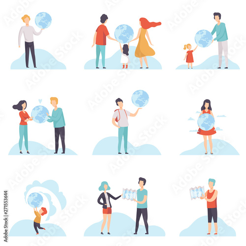 People with Globes and Maps Set, Men, Women and Kids Holding Terrestrial Globe and Map Vector Illustration