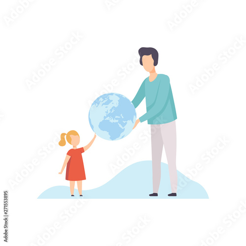 Young Man and Cute Girl Holding Big Terrestrial Globe, Father Giving Earth Globe to His Daughter Vector Illustration