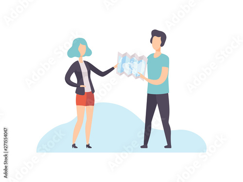 Young Man and Woman Standing and Exploring Terrain on Map Vector Illustration