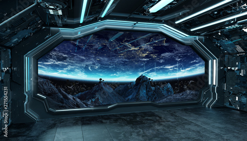 Dark blue spaceship futuristic interior with window view on space and planets 3d rendering