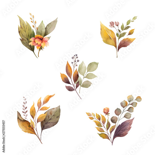 Watercolor vector autumn set with leaves and branches isolated on white background.