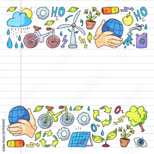 Vector logo, design and badge in trendy drawing style - zero waste concept, recycle and reuse, reduce - ecological lifestyle and sustainable developments icons. pen drawing on exercise book.