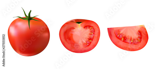 3d highly realistic fresh red big tomato whole and slice on half isolated on white background vector gradient mesh illustration. Vector illustration design elements set 