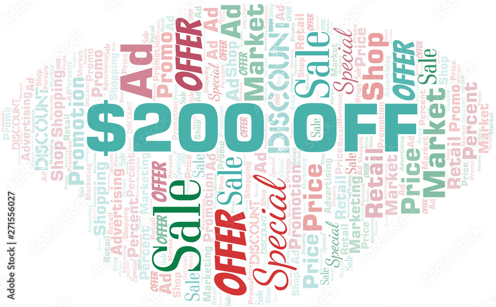 Fototapeta premium $200 Off word cloud. Wordcloud made with text only.