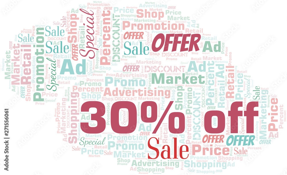 Fototapeta premium 30% Off word cloud. Wordcloud made with text only.