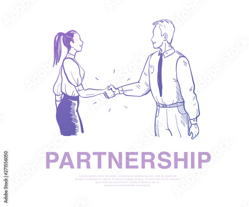 Vector illustration of business people shaking hands making a deal isolated on white background. Hand drawn sketch style. Partnership, office team work, consulting, support concept. Banner, web, app.