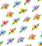 Watercolor floral seamless pattern, wildflowers, pansies, purple, blue, red and pink flowers. A bright summer botanical print. light background for textile,fabric,wallpaper.
