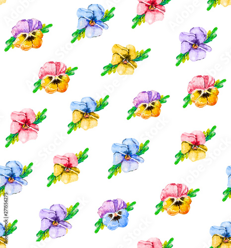 Watercolor floral seamless pattern  wildflowers  pansies  purple  blue  red and pink flowers. A bright summer botanical print. light background for textile fabric wallpaper.