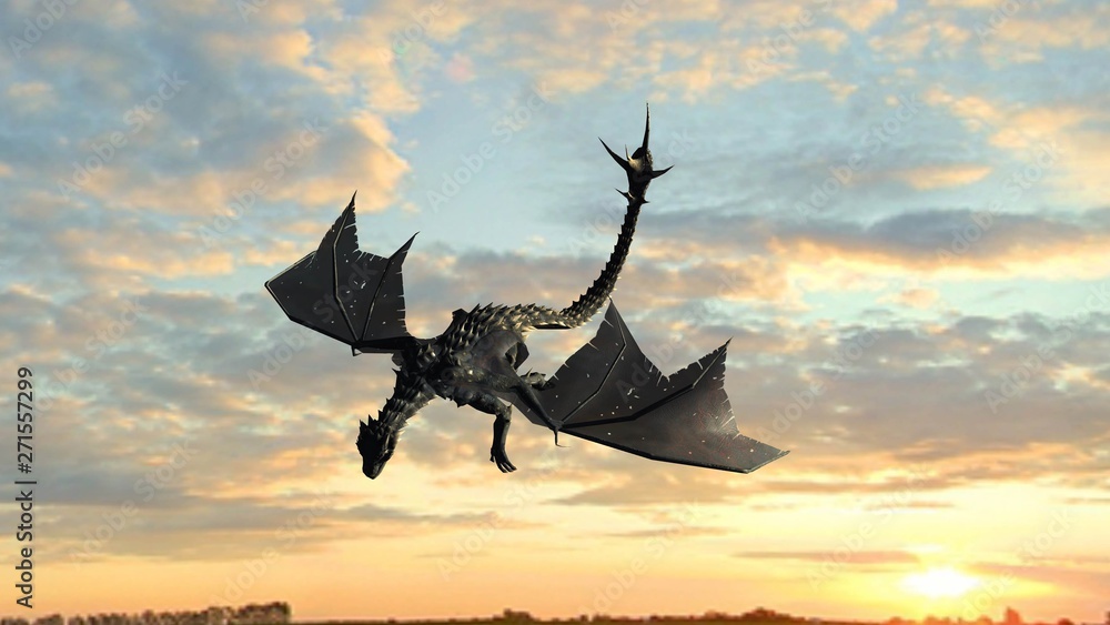 Naklejka Flying dragon - isolated on a sky background in sunset