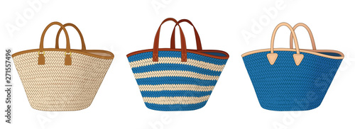 group of straw bags with different handles, colorful tote bags, summer bags vector illustration sketch template on white background