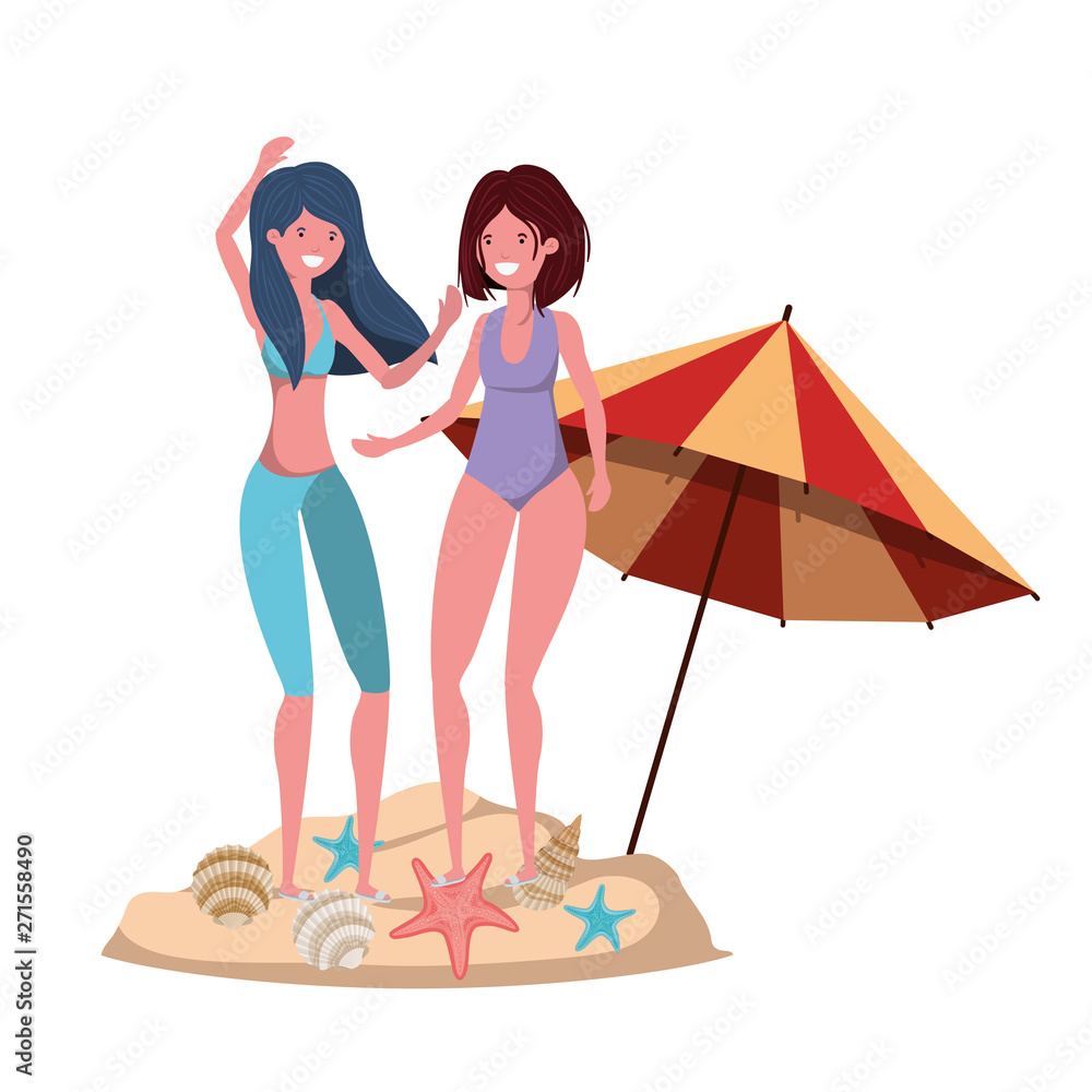 women with swimsuit on the beach and umbrella