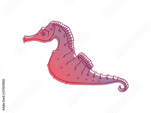 Seahorse is purple, encircled by a thin black outline. Vector illustration on white background.