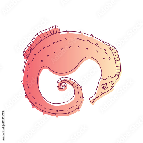 Seahorse is pink, encircled by a thin black outline. Vector illustration on white background.