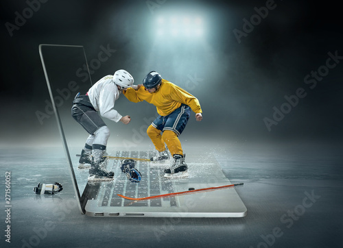 Photography Caucassian ice hockey Players in dynamic action in a professiona