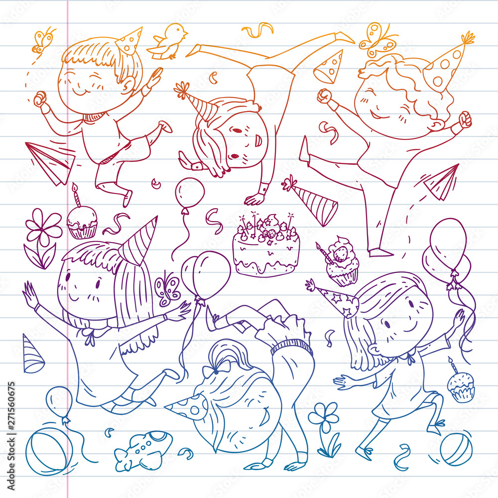 Vector illustration in cartoon style, active company of playful preschool kids jumping, at a party, birthday. draving gradient on exercise book.