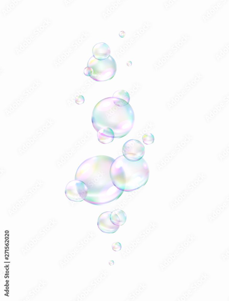 Realistic soap bubble with rainbow colors isolated on white background. Vector water foam elements set. Colorful iridescent glass ball or sphere template.