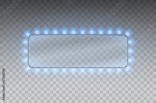 Light rectangle banner isolated on transparent background. Vector Hollywood bulbs frame or Las Vegas casino night sign.