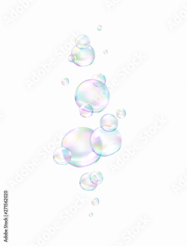 Realistic soap bubble with rainbow colors isolated on white background. Vector water foam elements set. Colorful iridescent glass ball or sphere template.