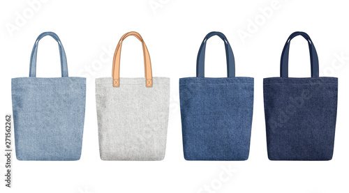 Shopping Tote Bags with different handles, Mockup with fabric texture isolated on white background