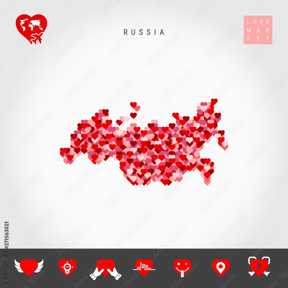 I Love Russia. Red and Pink Hearts Pattern Vector Map of Russia Isolated on Grey Background. Love Icon Set. I Love Russia. Red and Pink Hearts Pattern Vector Map of Russia Isolated on Grey Background. Love Icon Set.