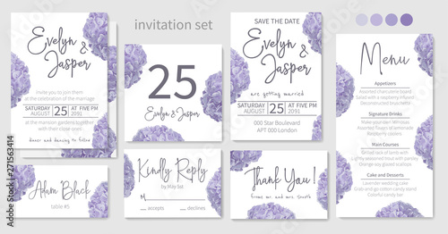 Set of wedding invitations, floral invitations, table, menu, thank you, rsvp card design. Blue, purple, sapphirine flower of hydrangea, mophead, lacecap, panicle flowers on a white background