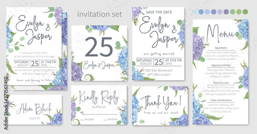 Set of wedding invitations, floral invitations, table, menu, thank you, rsvp card design. Eucalyptus, salal, chamaelaucium, seasonal fern.Blue, purple, of hydrangea flowers on a white background