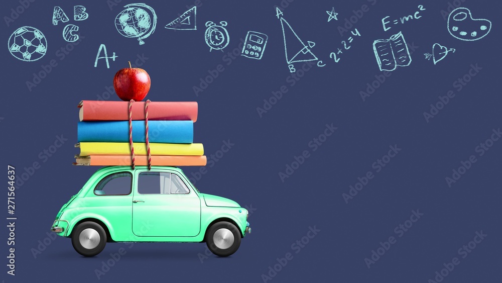 Naklejka premium Back to school looped 4k animation. Car delivering books and apple against school blackboard with education symbols.