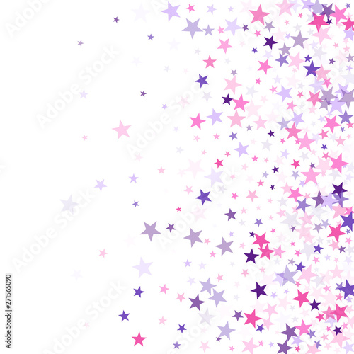 Flying stars confetti holiday vector in pink violet purple on white. Fairytale magic card backdrop.