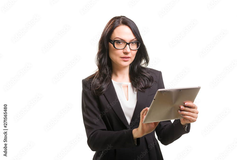 Portrait of business woman in eyeglasses holding tablet computer Portrait of business woman in eyeglasses holding tablet computer