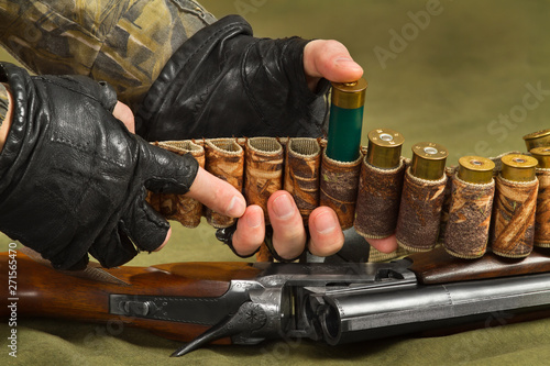 hunter fills a bandoleer of ammunition for the shotgun photo