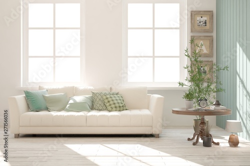 Stylish room in white color with sofa. Scandinavian interior design. 3D illustration