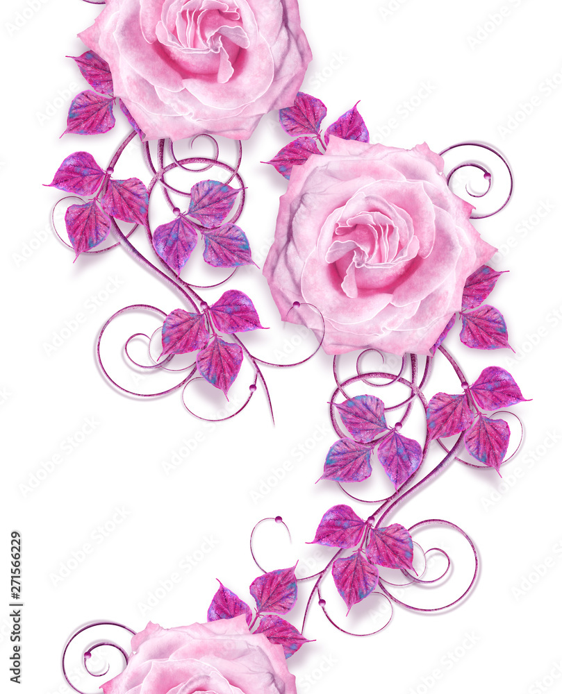Flower arrangement of delicate pink roses, lilac leaves, openwork curls, vintage retro style, seamless floral pattern.