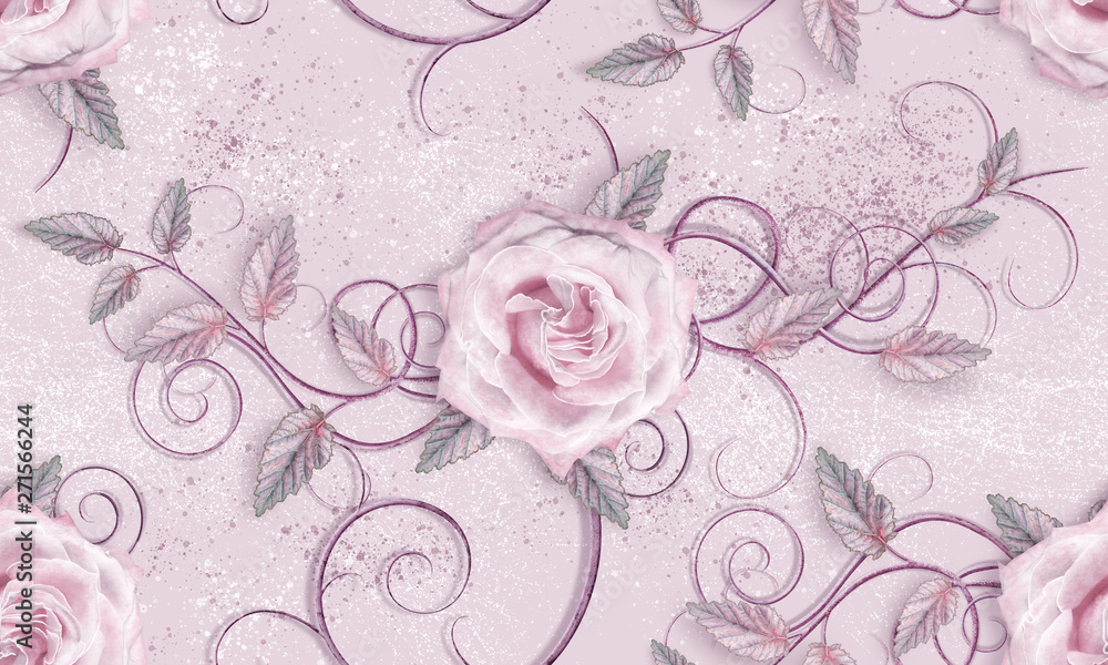 Flower arrangement of delicate pink roses, lilac leaves, openwork curls, vintage retro style, seamless floral pattern.