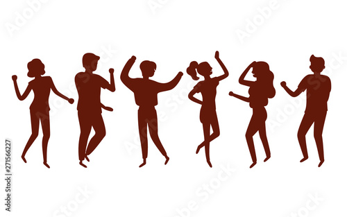 Young happy woman and man dancing to party music. Black silhouette. Stylish human at festival event, outdoor concert or club dance floor. Vector flat illustration