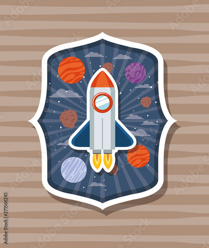 Fototapeta Naklejka Na Ścianę i Meble -  Rocket over label with planets design vector illustration