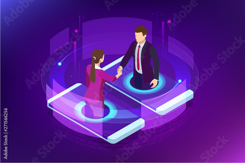Isometric business handshake, global online collaboration, team collaboration, social network, and headhunting concept. Template landing page.