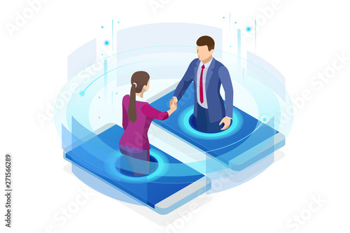Isometric business handshake, global online collaboration, team collaboration, social network, and headhunting concept. Template landing page.