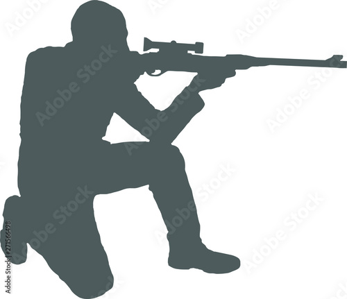The silhouette of an arrow sitting on one knee and aiming a sniper weapon. A man firing a rifle with a telescopic sight.