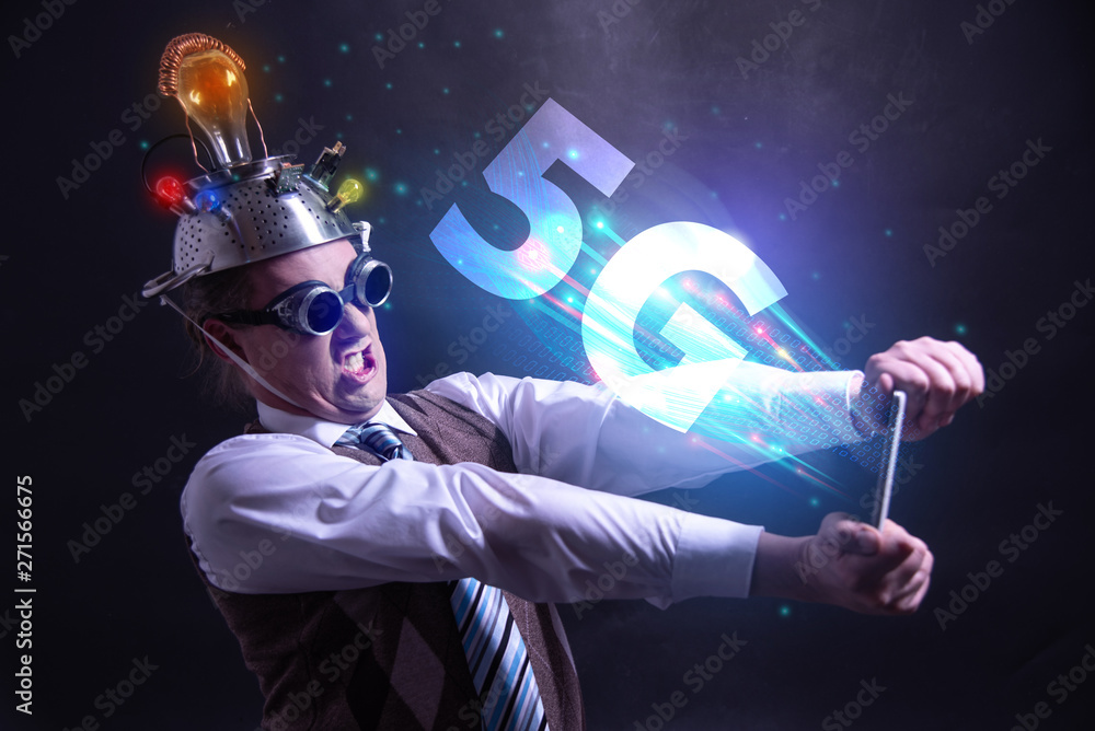 Funny nerd or geek wiith tablet and 5G symbol Stock Photo | Adobe Stock