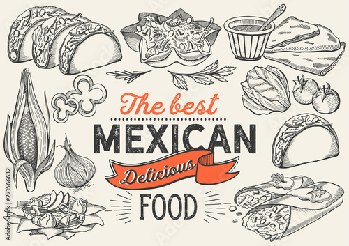 Mexican food illustrations - burrito, tacos, quesadilla for restaurant.
