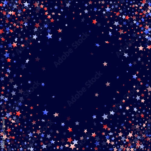 American Patriot Day stars background. Holiday confetti in USA flag colors for Presidents Day.